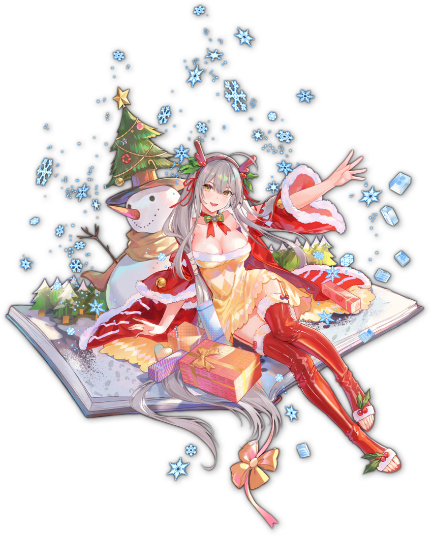 1girl antlers artist_request bell book box breasts carrot christmas christmas_tree dress game_cg gift gift_box hair_ornament hat highres holly holly_hair_ornament light_brown_hair looking_at_viewer mahjong_soul medium_breasts official_art open_book open_mouth ornament ribbon santa_costume simple_background sitting smile snow snowflakes snowman star_(symbol) thighhighs third-party_source toeless_footwear top_hat transparent_background tree yellow_dress yellow_eyes yellow_ribbon yostar
