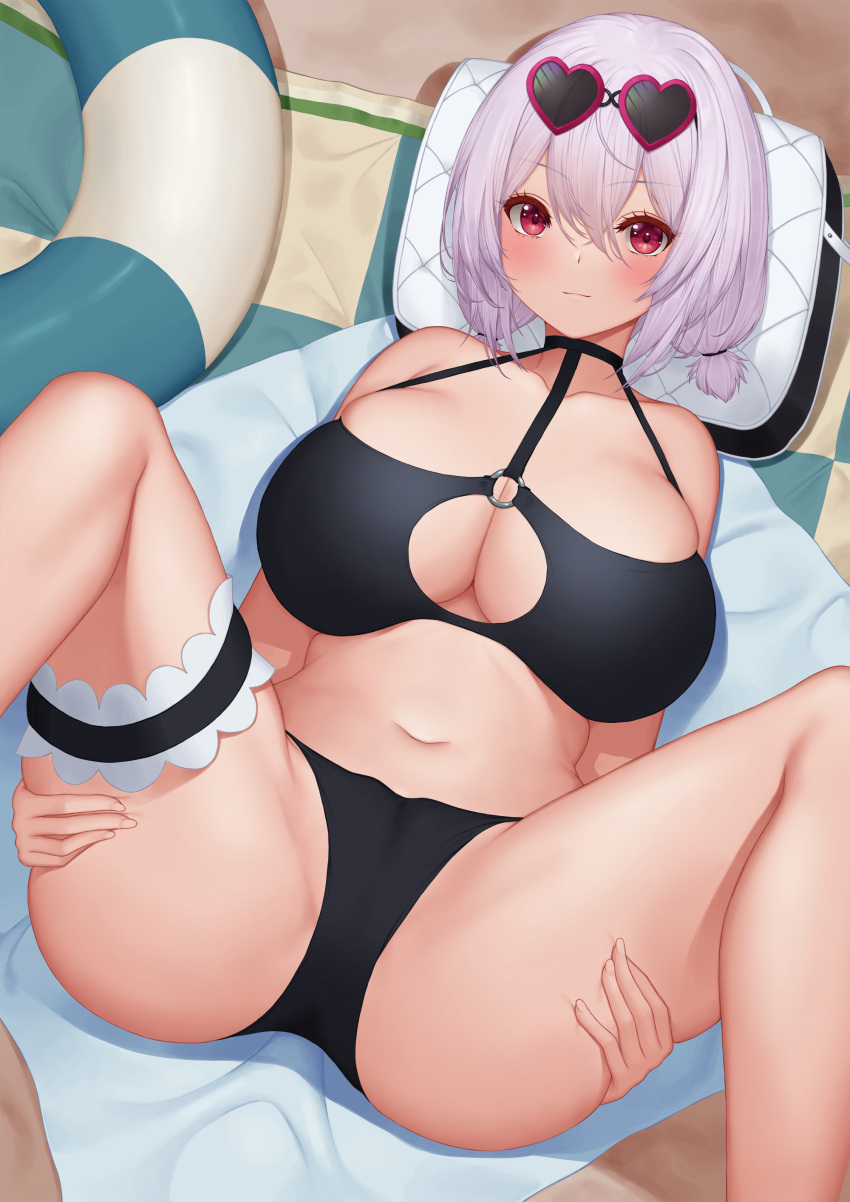 1girl absurdres azur_lane bangs bare_shoulders beach_mat bikini black_bikini black_choker blush breasts choker cleavage closed_mouth collarbone commentary cowboy_shot eyebrows_visible_through_hair eyewear_on_head groin hair_between_eyes heart heart-shaped_eyewear highres innertube large_breasts looking_at_viewer lying midriff navel o-ring o-ring_bikini o-ring_top official_alternate_costume on_back pink-framed_eyewear pinkcap red_eyes shadow short_hair sidelocks sirius_(azur_lane) sirius_(scorching-hot_seirios)_(azur_lane) solo spread_legs sunglasses swimsuit thigh_strap tied_hair white_hair