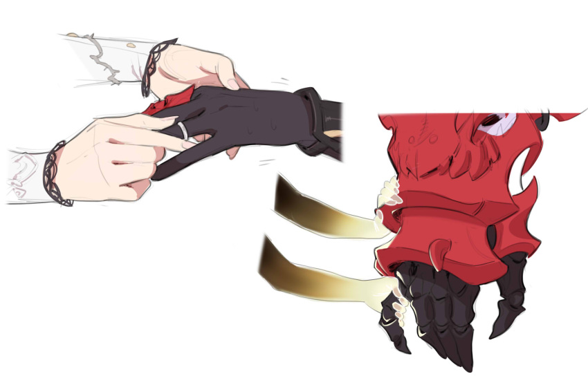 2girls aponia_(honkai_impact) black_gloves commentary english_commentary fingernails gloves hand_grab hands highres holding_finger honkai_(series) honkai_impact_3rd jewelry long_fingernails long_sleeves maiqo multiple_girls raiden_mei raiden_mei_(herrscher_of_thunder) ring simple_background wedding_band white_background