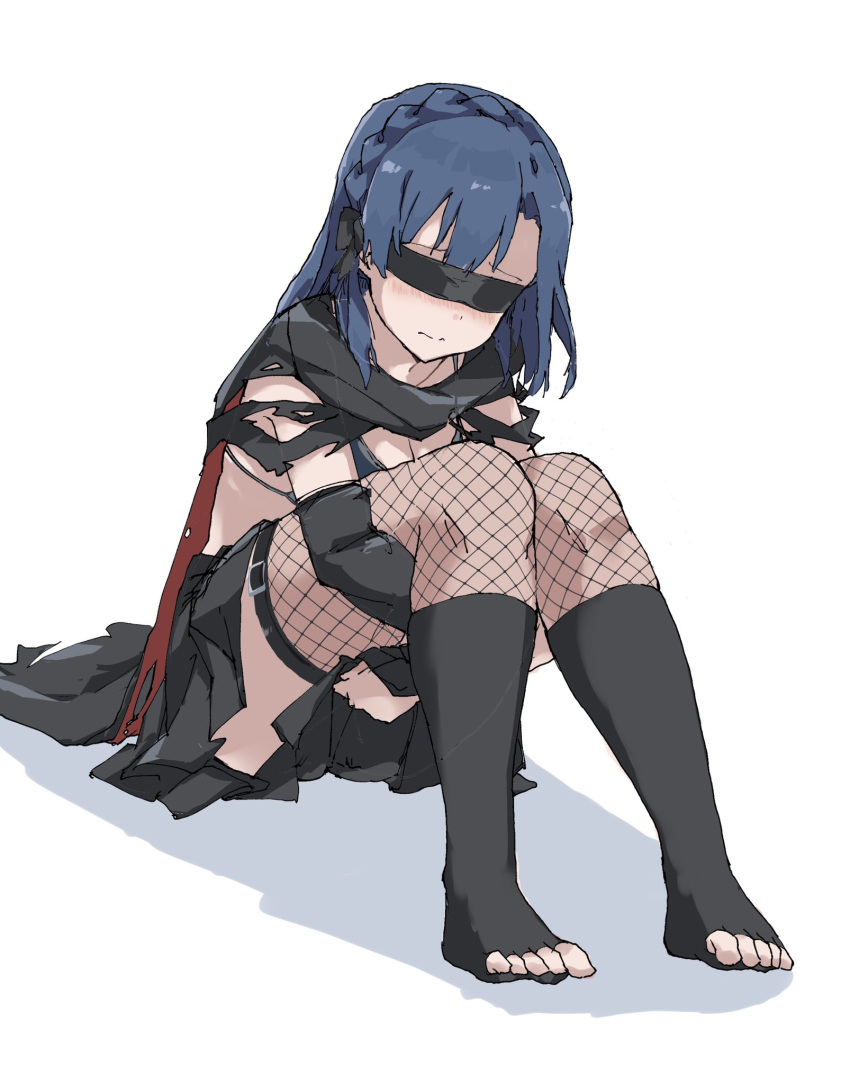 bangs black_bra black_cape black_legwear black_skirt blindfold blue_hair blush bra braid breasts cape cleavage commentary fishnet_legwear fishnets highres hugging_own_legs idol_heroes_(idolmaster) idolmaster idolmaster_million_live! medium_hair nanao_yuriko rauto sitting skirt socks solo thigh_strap torn_cape torn_clothes underwear wavy_mouth white_background