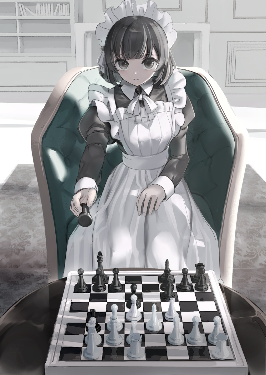 1girl absurdres apron armchair bangs black_dress black_hair board_game book bow chair checkmate chess chess_piece chessboard closed_mouth collared_dress commentary dress eyebrows_visible_through_hair frilled_apron frills grey_eyes highres holding indoors juliet_sleeves long_sleeves looking_at_viewer maid maid_apron maid_headdress on_chair original puffy_sleeves shii_(kairi-t-k0317) sleeves_past_wrists smile solo table white_apron white_bow