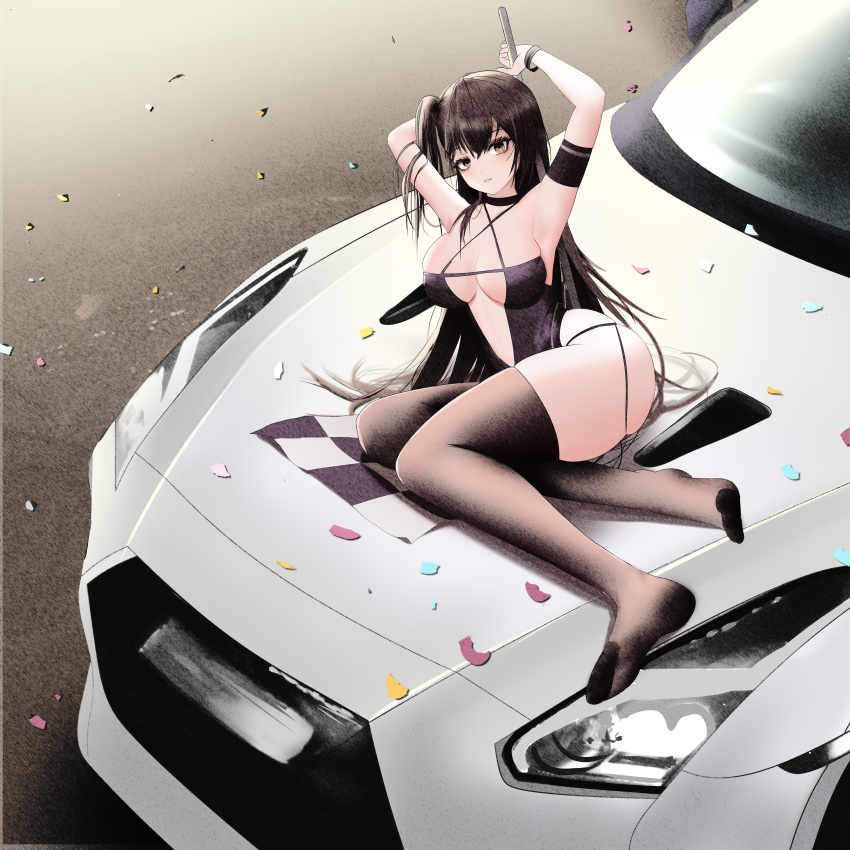 1girl absurdres armpits azur_lane bangs black_legwear breasts brown_eyes brown_hair car cleavage closed_mouth eyebrows_visible_through_hair feet flag full_body ground_vehicle highres holding holding_flag kcar66t large_breasts legs long_hair looking_at_viewer lying motor_vehicle no_shoes official_alternate_costume on_side petals race_queen simple_background soles solo thighhighs thighs zuikaku_(azur_lane) zuikaku_(the_wind's_true_name)_(azur_lane)