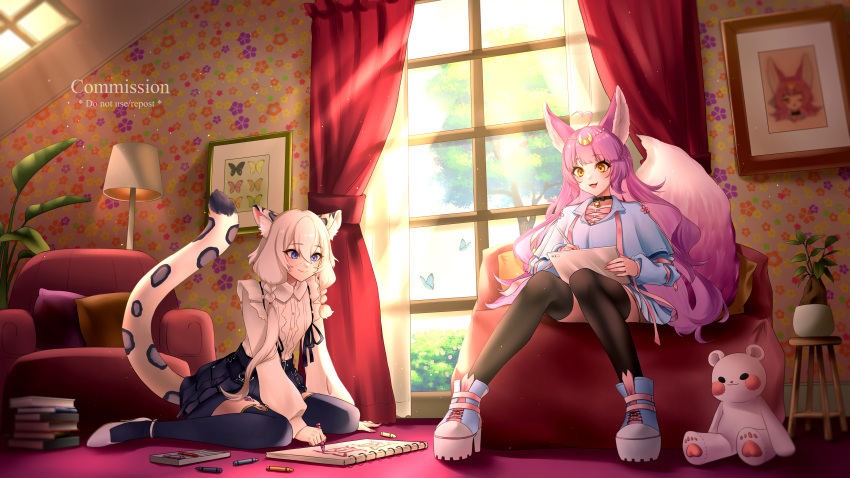 2girls animal_ears armchair bangs banned_artist black_legwear blue_dress blue_eyes blue_legwear blue_skirt book chair character_request closed_mouth commission dress eyebrows_visible_through_hair fox_ears fox_tail highres indie_virtual_youtuber lamp long_hair looking_away mior multiple_girls open_mouth orange_eyes pink_hair room shirt shoes silver_hair sitting skeb_commission skirt smile su'ri_(vtuber) suspender_skirt suspenders tail thighhighs tiger_ears tiger_tail toy virtual_youtuber white_shirt window