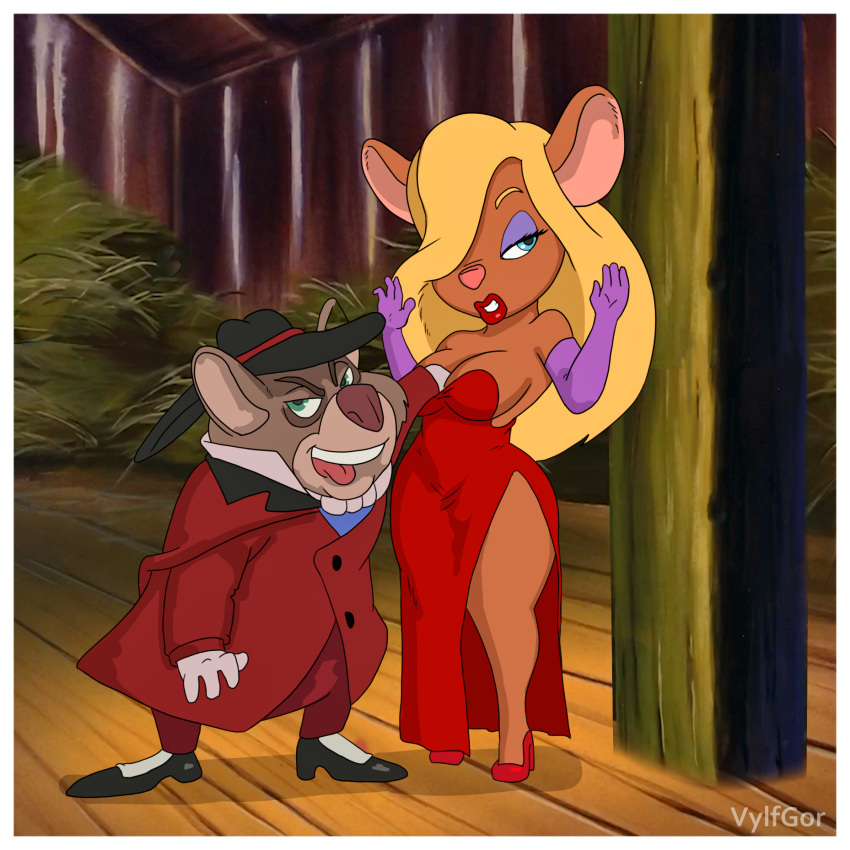 1:1 2022 anthro anthro_on_anthro big_breasts blonde_hair blue_eyes blue_eyeshadow breasts brown_body brown_fur chip_'n_dale_rescue_rangers clothing digital_media_(artwork) disney duo eyeshadow female femme_fatale fur gadget_hackwrench hair hi_res humanoid long_hair makeup male male/female mammal mouse murid murine open_mouth rat red_clothing rodent vylfgor