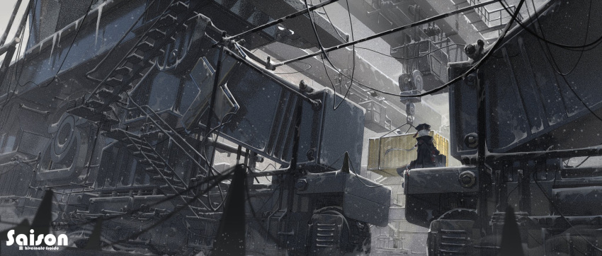 1girl black_legwear blurry blurry_foreground cable cityscape container cross french_text giant grey_sky hair_ornament hat highres industrial looking_away original pulley scenery sitting snow snowing solo stairs stalactite thighhighs translated trench_coat wheel white_hair winter zebai7339