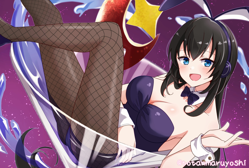 1girl :d animal_ears bare_shoulders black_hair blue_eyes blush bow bowtie breasts character_request cleavage cocktail_glass cup detached_collar drinking_glass enkichi_totan fake_animal_ears fishnet_legwear fishnets highres large_breasts long_hair looking_at_viewer pantyhose playboy_bunny rabbit_ears smile solo station_memories twitter_username wrist_cuffs