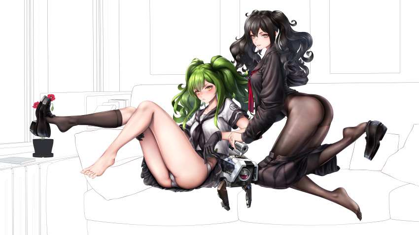 2girls absurdres ass bangs barefoot black_footwear black_gloves black_hair black_legwear black_neckwear black_shirt black_skirt blush breasts closed_mouth clothes_pull collarbone couch dinergate_(girls'_frontline) eyebrows_visible_through_hair feet full_body girls'_frontline gloves green_hair grey_eyes highres jewelry legs legs_up lips long_hair looking_at_viewer m950a_(girls'_frontline) medium_breasts multiple_girls no_shoes panties pantyhose red_neckwear ring scarecrow_(girls'_frontline) school_uniform serafuku shirt shoe_dangle shoes simple_background single_sock sitting skirt skirt_pull smile socks soles thighs toes twintails underwear von.franken white_panties white_shirt yellow_eyes