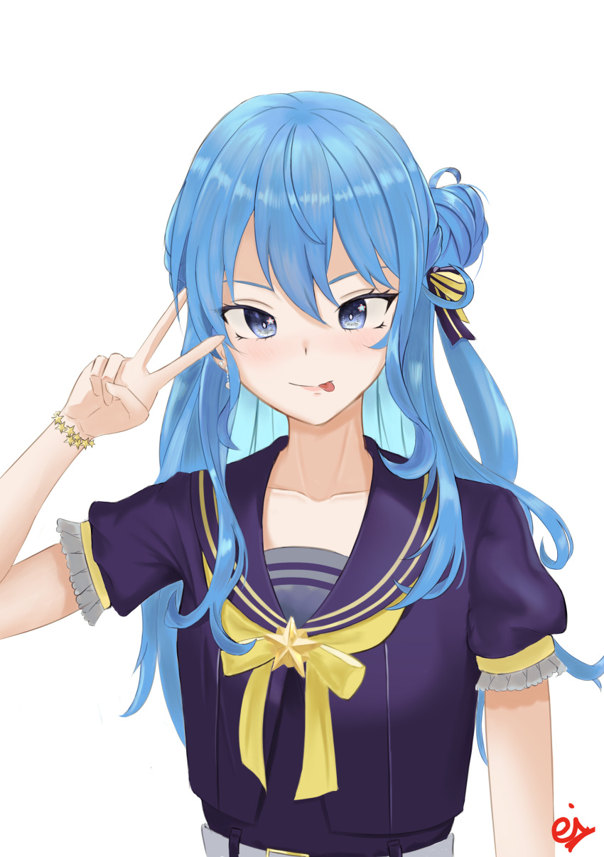 1girl absurdres arm_up artist_name bangs blue_eyes blue_hair eiundmarmalade eyebrows_visible_through_hair highres hololive hoshimachi_suisei lips long_hair looking_at_viewer purple_shirt school_uniform serafuku shirt side_bun smile solo tongue tongue_out upper_body v virtual_youtuber white_background