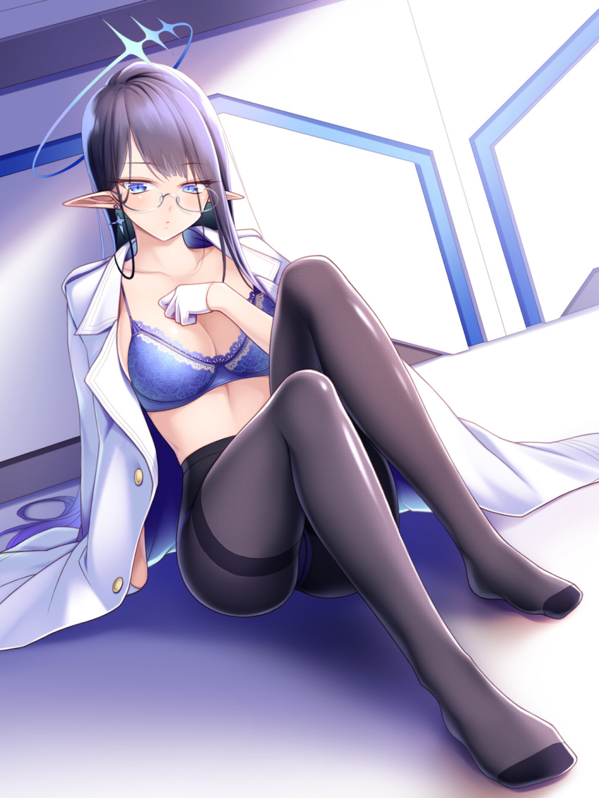 1girl arm_at_side arm_support bangs black_legwear blue_archive blue_bra blue_eyes blue_panties blush bra breasts cleavage coat coat_on_shoulders collarbone dutch_angle earrings glasses gloves halo hand_on_own_chest head_tilt highres indoors jewelry knees_up lace-trimmed_bra lace_trim long_hair long_sleeves looking_at_viewer midorino_eni no_pants no_shirt no_shoes on_floor panties pantyhose pointy_ears purple_hair rin_(blue_archive) single_earring sitting solo thighband_pantyhose underwear very_long_hair white_coat white_gloves