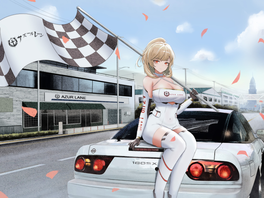 1girl absurdres azur_lane bangs bare_shoulders black_gloves blonde_hair breasts car cleavage closed_mouth copyright_name dress elbow_gloves eyebrows_visible_through_hair feet_out_of_frame flag gloves ground_vehicle highres holding holding_flag kcar66t long_hair looking_at_viewer medium_breasts motor_vehicle official_alternate_costume petals ponytail prince_of_wales_(azur_lane) prince_of_wales_(the_laureate's_victory_lap)_(azur_lane) race_queen red_eyes road scenery sitting solo street thighhighs white_dress white_legwear