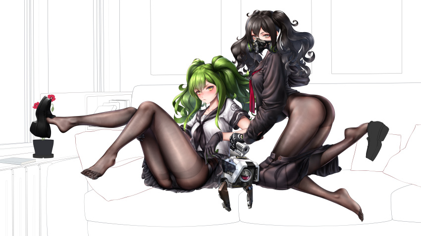 2girls absurdres ass bangs black_footwear black_gloves black_hair black_legwear black_neckwear black_shirt black_skirt blush breasts closed_mouth clothes_pull collarbone couch dinergate_(girls'_frontline) eyebrows_visible_through_hair feet full_body girls'_frontline gloves green_hair grey_eyes highres legs legs_up lips long_hair looking_at_viewer m950a_(girls'_frontline) mask medium_breasts multiple_girls no_shoes panties pantyhose red_neckwear scarecrow_(girls'_frontline) school_uniform serafuku shirt shoe_dangle shoes simple_background sitting skirt skirt_pull soles thighs toes twintails underwear von.franken white_shirt yellow_eyes