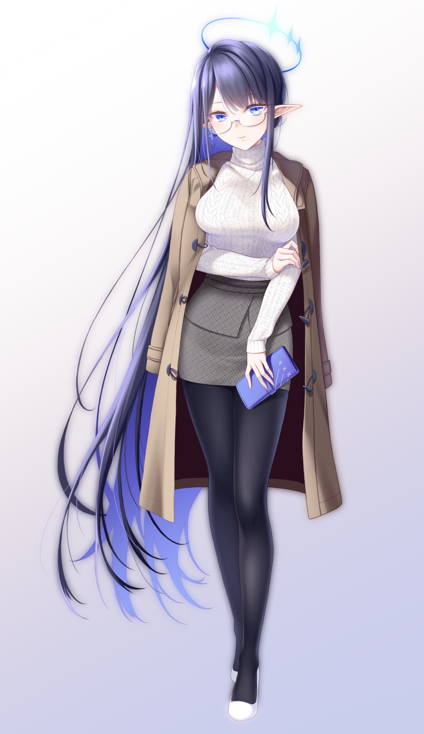 1girl absurdres aran_sweater bag bangs black_legwear blue_archive blue_eyes breasts coat coat_on_shoulders earrings full_body glasses grey_skirt halo hand_on_own_arm handbag highres holding jewelry large_breasts long_hair long_sleeves looking_at_viewer midorino_eni miniskirt pantyhose pointy_ears purple_hair rin_(blue_archive) semi-rimless_eyewear shoes skirt sleeves_past_wrists smile solo standing sweater toggles turtleneck turtleneck_sweater under-rim_eyewear very_long_hair white_background white_footwear white_sweater