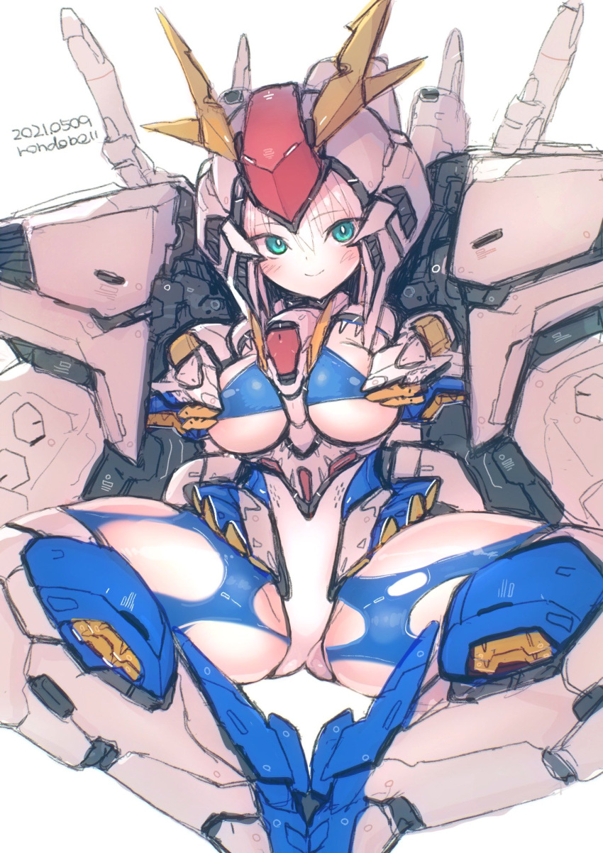 1girl armor artist_name bangs between_breasts blue_legwear blush breasts commentary dated eyebrows_visible_through_hair green_eyes gundam gundam_hathaway's_flash helmet highres large_breasts leotard looking_at_viewer mecha_musume pantyhose rondo_bell smile solo torn_clothes torn_legwear v-fin white_background white_hair xi_gundam
