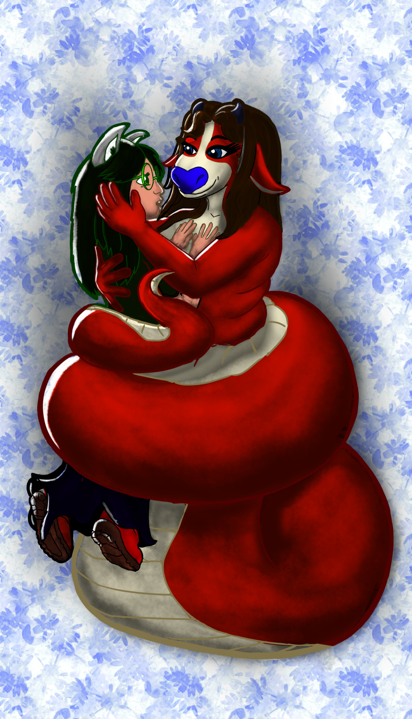 absurd_res anthro blue_nose bovid bovine cattle coiling duo embrace female female/female hi_res homestuck hug human humanoid jade_harley mammal ms_paint_adventures ophiotaurus red_body red_scales reptile scales scalie snake vampirsttg webcomic