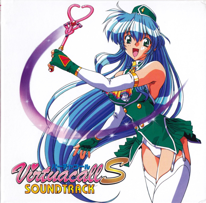 1990s_(style) 1girl album_cover artist_request ascot bangs blue_hair breasts buttons copyright_name cover detached_sleeves dress garrison_cap gloves green_dress green_eyes green_headwear hand_up hat heart highres jewelry large_breasts long_hair official_art panties pricia retro_artstyle scan thighhighs underwear virtuacall wand wet white_legwear yellow_ascot