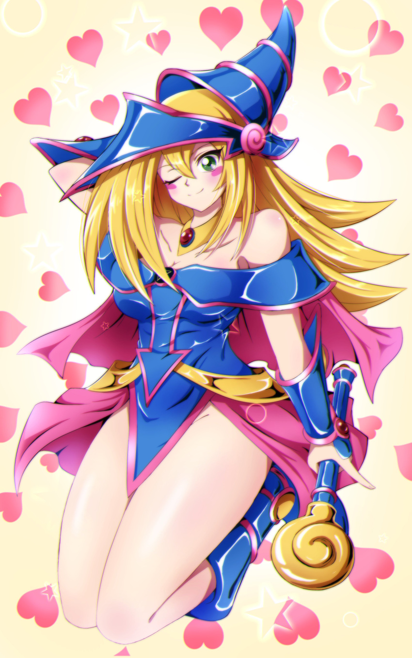 1girl absurdres bare_shoulders blonde_hair blue_dress blue_eyes blue_footwear blue_headwear blush_stickers boots dark_magician_girl dress duel_monster hat heart heart_background highres long_hair one_eye_closed solo sotomichi wand wizard_hat yu-gi-oh!