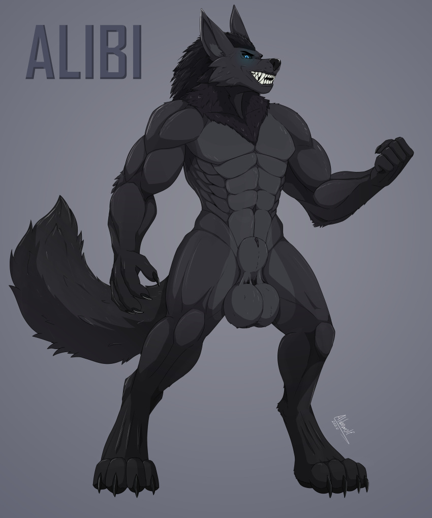 abs absurd_res alibi_(alibiwolf) alibiwolf animal_genitalia anthro balls big_(disambiguation) big_balls big_feet black canid canine canis digitigrade feet fluffy fluffy_tail fully_sheathed genitals glaws grey grin heavy_balls hi_res looking_at_viewer male mammal model_sheet muscular neck_tuft sheath smile solo teeth tuft were werecanid werecanine werewolf wolf