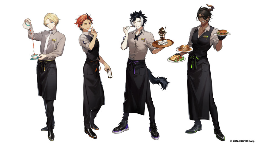 4boys alternate_hairstyle animal_ears apron aqua_eyes aragami_oga arched_back bag bangs bill_(object) black_apron black_footwear black_gloves black_hair black_pants black_vest blonde_hair blue_eyes collarbone collared_shirt commentary_request copyright cross_tie cup dark-skinned_male dark_skin earrings eyepatch food forehead gloves green_eyes grey_shirt grin hair_slicked_back hand_up holding holding_pen holding_plate holding_teapot holding_tray holostars horns itefu jackal_boy jackal_ears jackal_tail jewelry kageyama_shien kishido_temma legs_apart long_sleeves looking_at_viewer multicolored_hair multiple_boys name_tag napkin necktie official_art one_eye_closed open_mouth orange_hair oxfords pale_skin pancake pants parfait parted_bangs parted_lips pectoral_cleavage pectorals pen plate pocky pouring purple_eyes sandwich shirt shoes short_sleeves simple_background single_earring single_horn sleeves_rolled_up smile sneakers standing streaked_hair teacup teapot toast tray two-tone_hair v-shaped_eyebrows vest virtual_youtuber waist_apron waiter white_necktie wooden_tray yellow_eyes yukoku_roberu