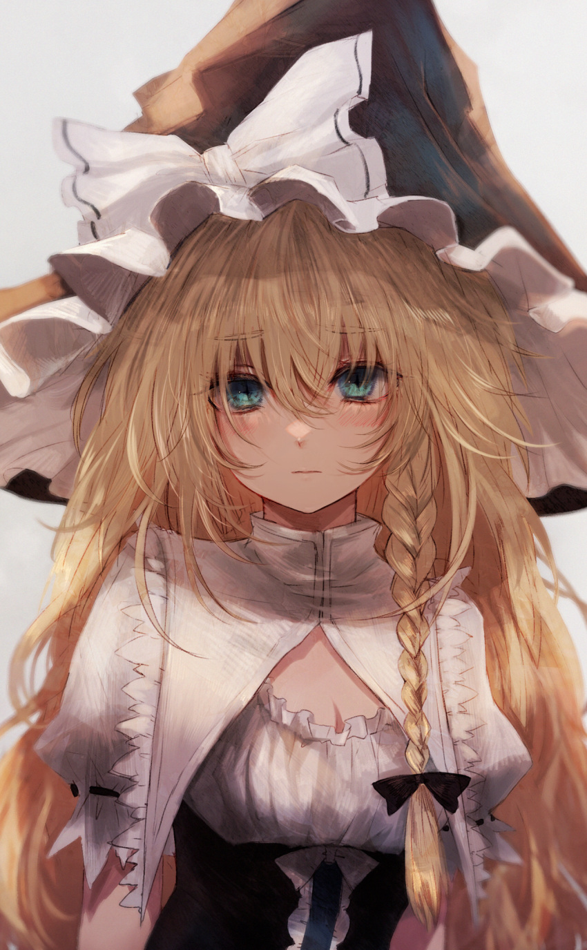 +_+ 1girl bangs big_hair black_bow black_headwear blonde_hair blue_eyes blush bow braid capelet cleavage_cutout closed_mouth clothing_cutout corset curiosities_of_lotus_asia eyebrows_visible_through_hair furrowed_brow grey_background hair_between_eyes hair_bow hat hat_bow highres kirisame_marisa long_hair looking_at_viewer maho_moco puffy_short_sleeves puffy_sleeves short_sleeves side_braid sidelocks simple_background single_braid solo symbol-shaped_pupils touhou upper_body white_bow white_capelet witch_hat