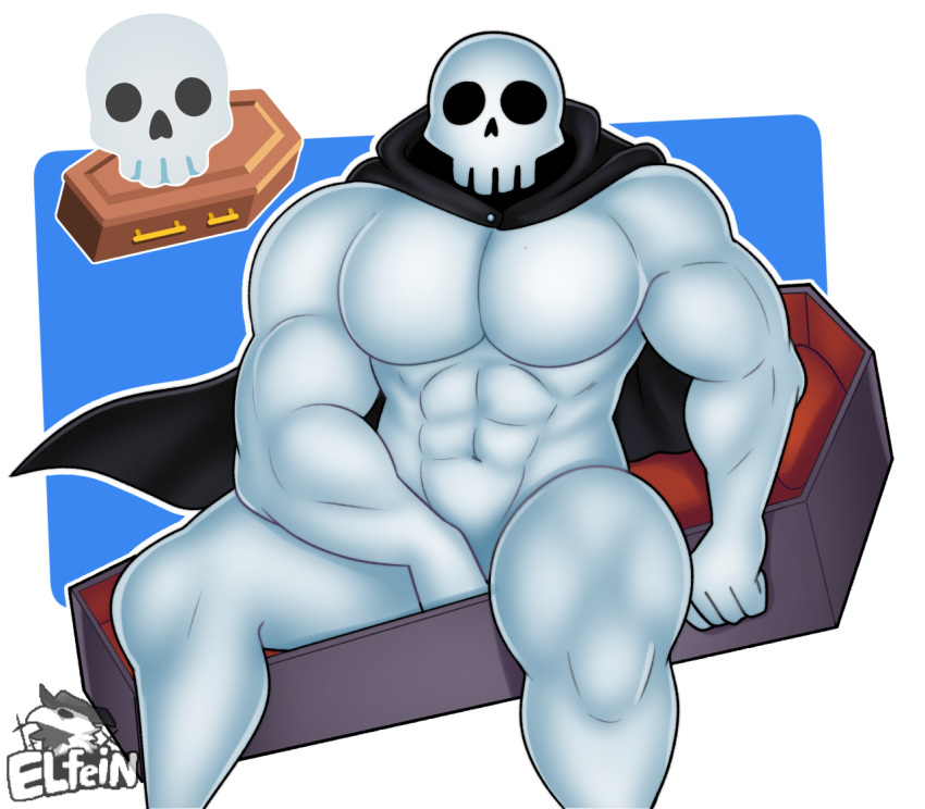 abs animated_skeleton big_muscles bone cape cape_only clothing coffin elfein emoji humanoid male mostly_nude muscular muscular_humanoid muscular_male pecs skeleton skull skull_head solo undead white_body