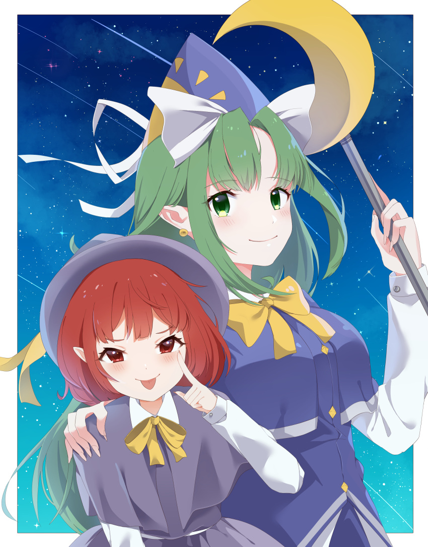 2girls absurdres bangs blue_dress blush breasts buttons capelet closed_mouth collared_shirt commentary_request dress earrings eyelashes fingernails green_eyes green_hair hand_on_another's_shoulder hat highres holding holding_staff jewelry kirisame_marisa kirisame_marisa_(pc-98) large_breasts long_fingernails long_sleeves looking_at_viewer milll_77 mima_(touhou) multiple_girls neck_ribbon outside_border parted_bangs pointy_ears puffy_sleeves purple_capelet red_eyes red_hair ribbon sharp_fingernails shiny shiny_hair shirt shooting_star short_hair sky smile staff standing star_(sky) starry_sky story_of_eastern_wonderland teasing tongue tongue_out touhou touhou_(pc-98) white_shirt wing_collar witch_hat yellow_ribbon