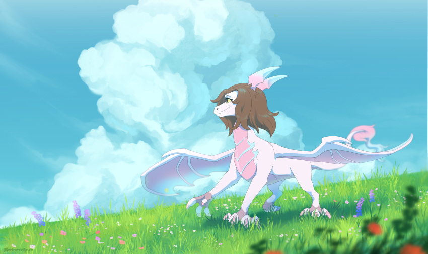 2022 brown_hair claws day detailed_background digital_media_(artwork) dragon female feral grass hair hi_res horn icelectricspyro membrane_(anatomy) membranous_wings outside plant scalie sky solo western_dragon wings