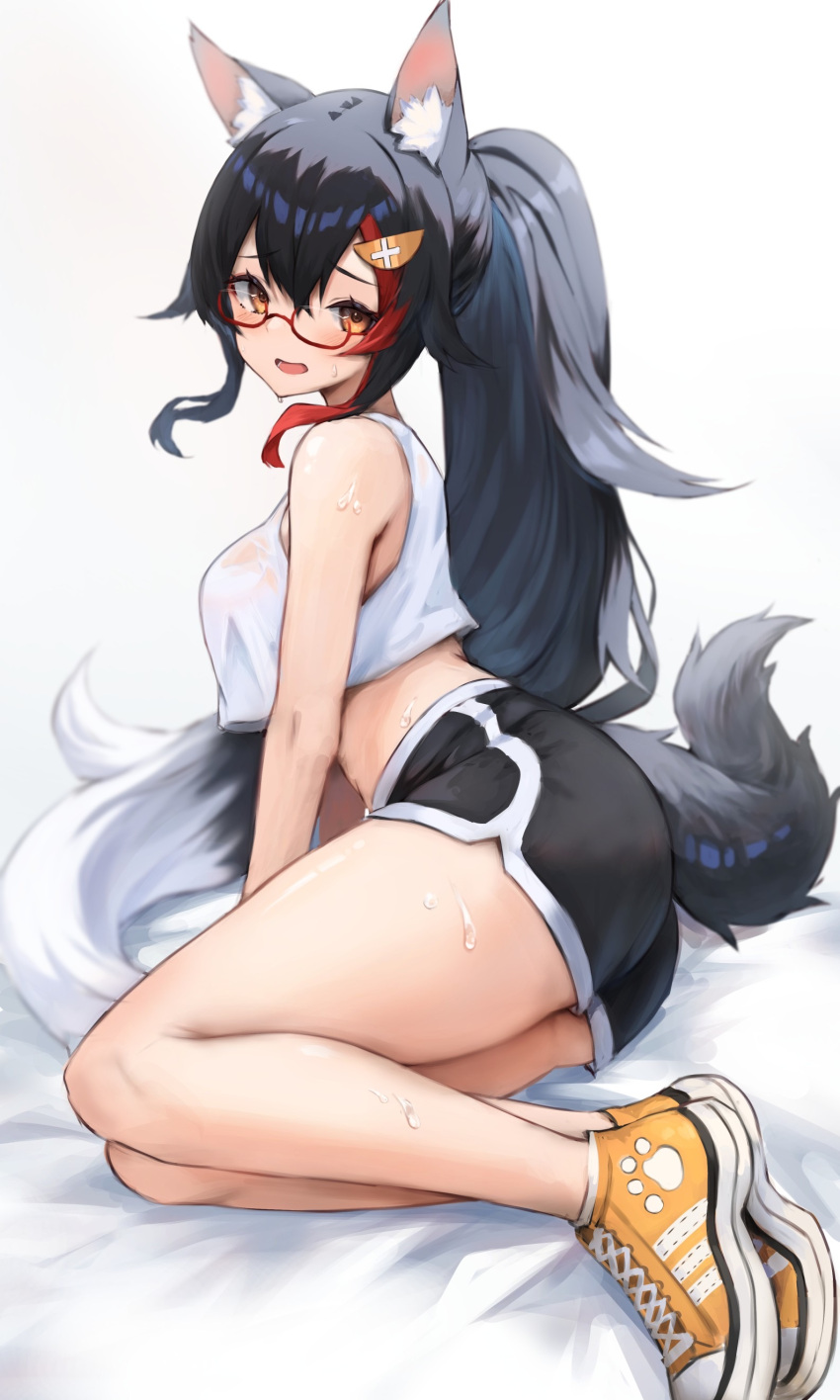 1girl absurdres animal_ears arm_support bangs bare_arms bare_legs bare_shoulders black_shorts breasts brown_eyes crop_top dolphin_shorts full_body glasses hair_between_eyes hair_ornament hairclip highres hololive inre_kemomimi long_hair looking_at_viewer looking_to_the_side lying medium_breasts multicolored_hair on_side ookami_mio open_mouth ponytail shirt shoes short_shorts shorts sleeveless sleeveless_shirt solo streaked_hair sweat tail very_long_hair virtual_youtuber wet wet_clothes wet_shirt white_hair white_shirt wolf_ears wolf_girl wolf_tail yellow_footwear
