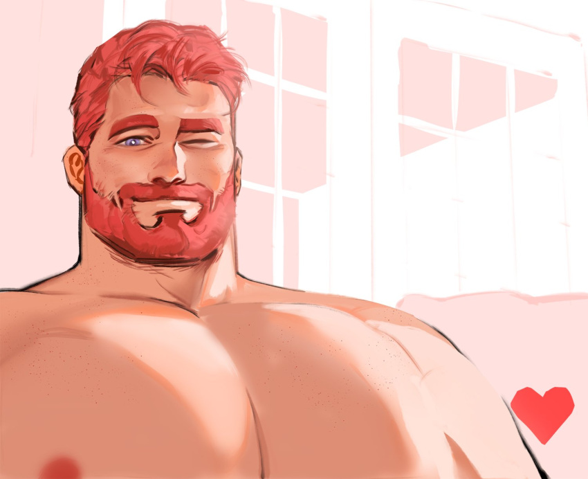 1boy bara beard blue_eyes cover_them_up_slut_(meme) facial_hair highres jang_ju_hyeon large_pectorals looking_at_viewer male_focus mature_male meme muscular muscular_male nipples nude orange_hair original pectoral_focus pectorals short_hair smile solo sunlight thick_eyebrows upper_body