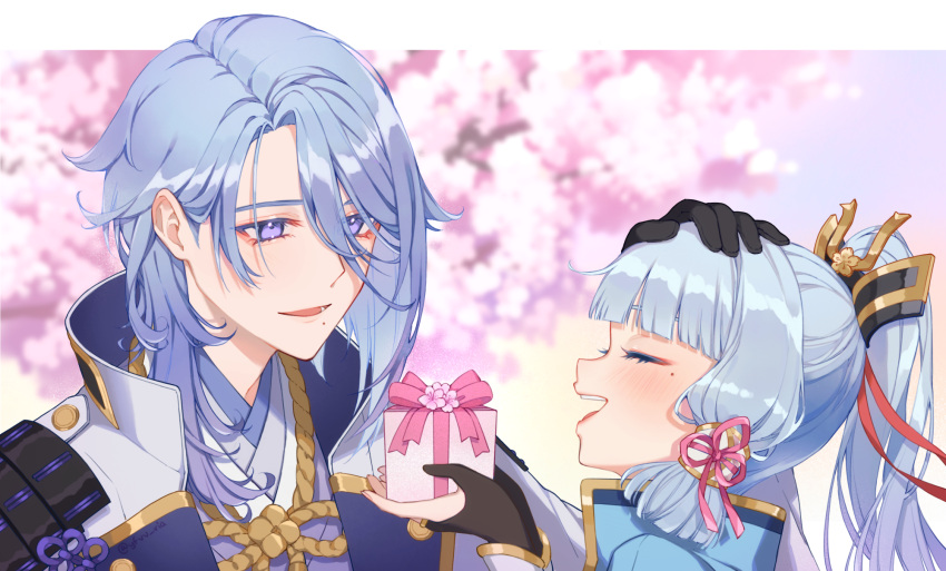 1boy 1girl black_gloves blue_eyes blue_hair blush box brother_and_sister cherry_blossoms closed_eyes fingerless_gloves genshin_impact gift gift_box gloves hair_ornament hand_on_another's_head highres kamisato_ayaka kamisato_ayato mole mole_under_eye mole_under_mouth open_mouth petting ponytail ria_(yfvv_ria) siblings sidelocks smile
