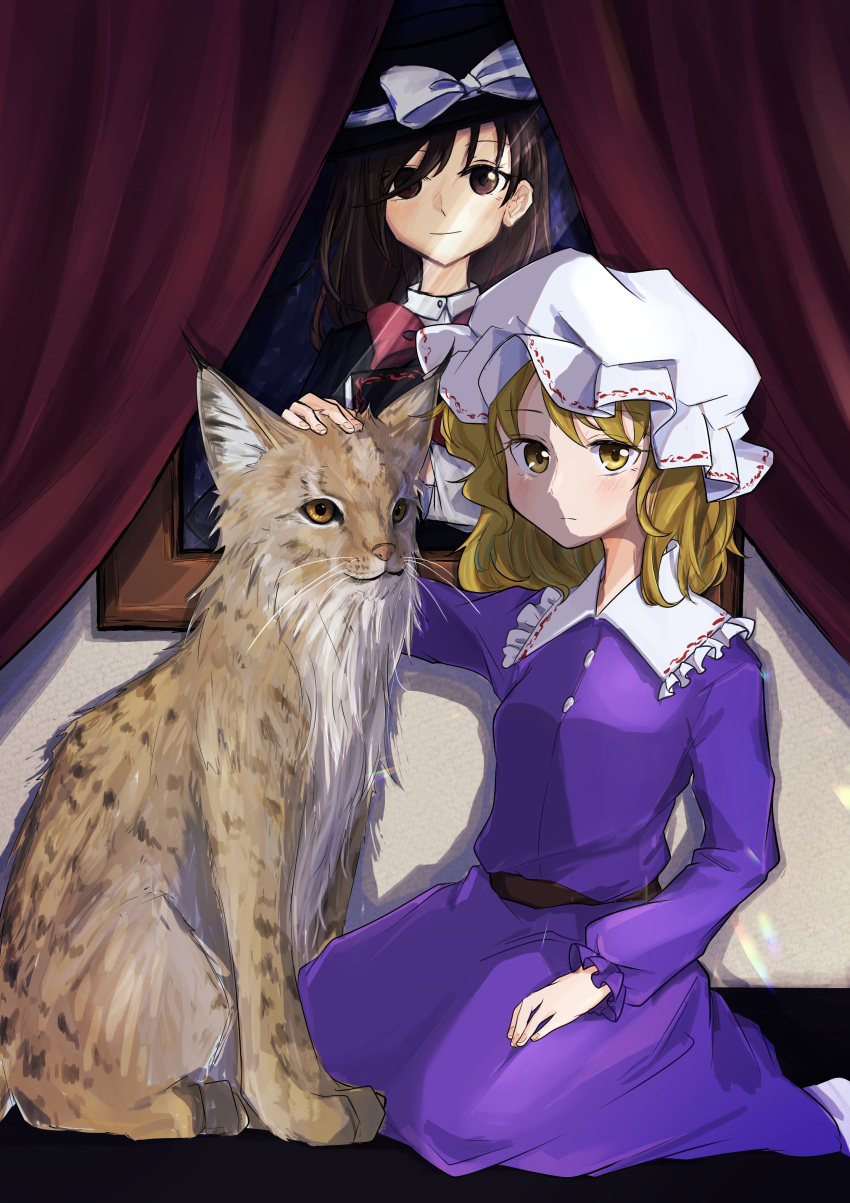 2girls absurdres blonde_hair blush bow brown_eyes brown_hair curtains dress expressionless fedora frilled_shirt_collar frills hat highres light_smile long_hair lynx_(animal) maribel_hearn medium_hair mob_cap multiple_girls purple_dress ribbon sitting touhou usami_renko uzumibi yellow_eyes