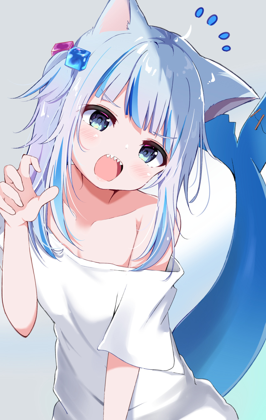 1girl absurdres animal_ear_fluff animal_ears bangs blue_background blue_eyes blue_hair cat_ears collarbone eyebrows_visible_through_hair fish_tail gawr_gura grey_background grey_hair hair_cubes hair_ornament hand_up head_tilt highres hololive hololive_english long_hair looking_at_viewer multicolored_hair nagomi_yayado notice_lines off-shoulder_shirt off_shoulder open_mouth shark_tail sharp_teeth shirt short_sleeves side_ponytail solo streaked_hair tail teeth v-shaped_eyebrows virtual_youtuber white_shirt