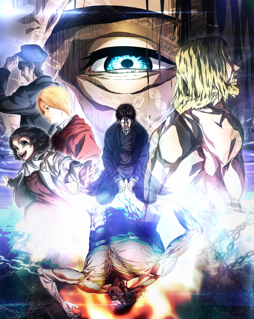 2girls 4boys abs absurdres beard black_hair black_pants blonde_hair brown_hair chain character_request check_character chest_hair coat daisx_(dais0115) dina_fritz eren_kruger eren_yeager eye_focus facial_hair faye_yeager full_body giant giant_male glasses glowing glowing_eyes goatee grisha_yeager highres kneeling large_pectorals long_hair looking_to_the_side monster multiple_boys multiple_girls muscular muscular_male mustache official_style open_clothes open_coat pants pectorals pointy_ears purple_eyes rogue_titan round_eyewear sad scene_reference shingeki_no_kyojin spoilers staring surprised titan_(shingeki_no_kyojin) upper_body white_background zeke_yeager