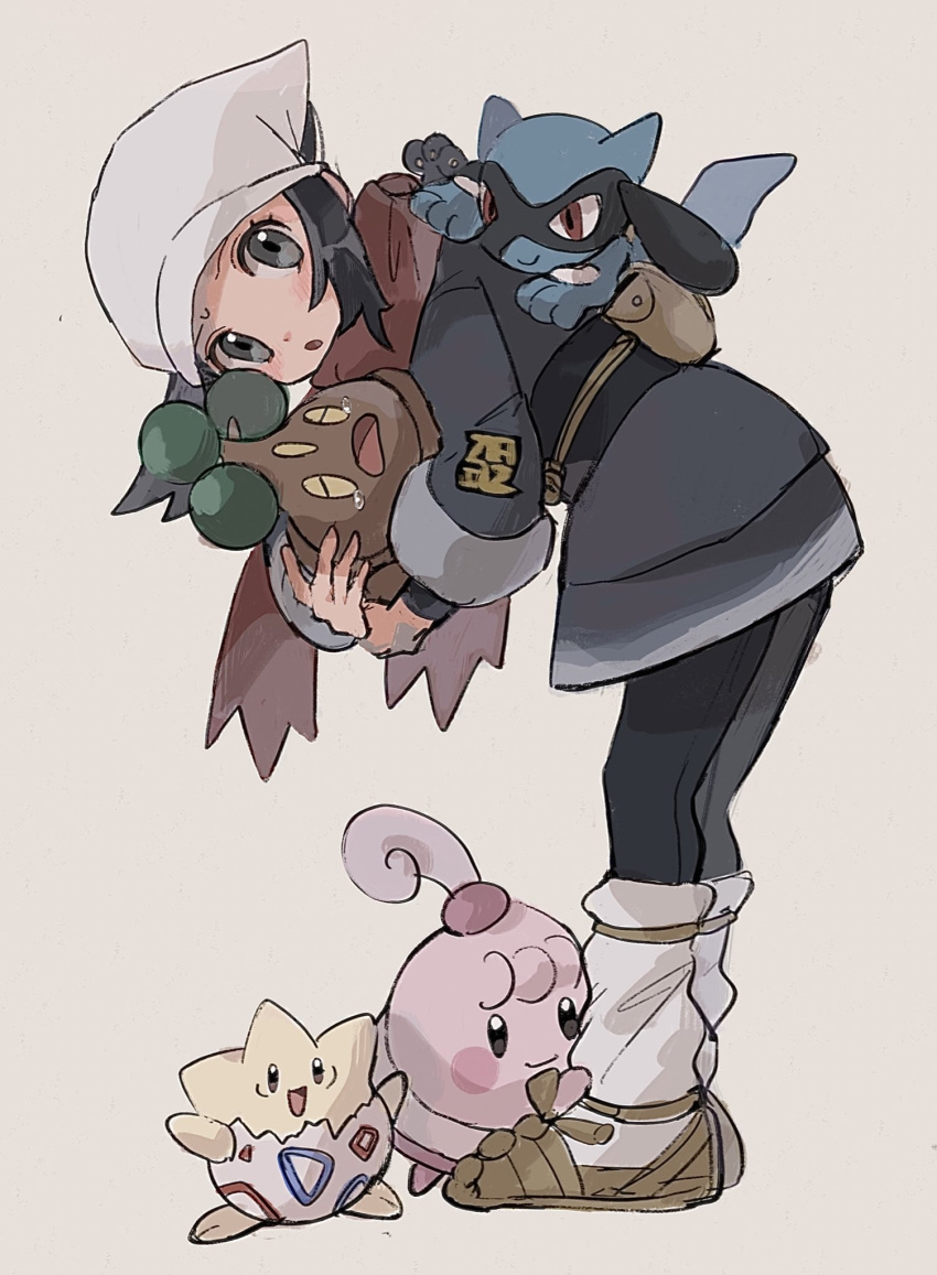 1girl :o akari_(pokemon) anzu_(01010611) bent_over black_hair black_legwear black_shirt blush bonsly brown_footwear commentary eyelashes grey_eyes grey_jacket grey_skirt happiny head_scarf highres jacket logo long_hair loose_socks pantyhose pokemon pokemon_(creature) pokemon_(game) pokemon_legends:_arceus ponytail riolu shirt shoes sidelocks skirt togepi white_headwear white_legwear