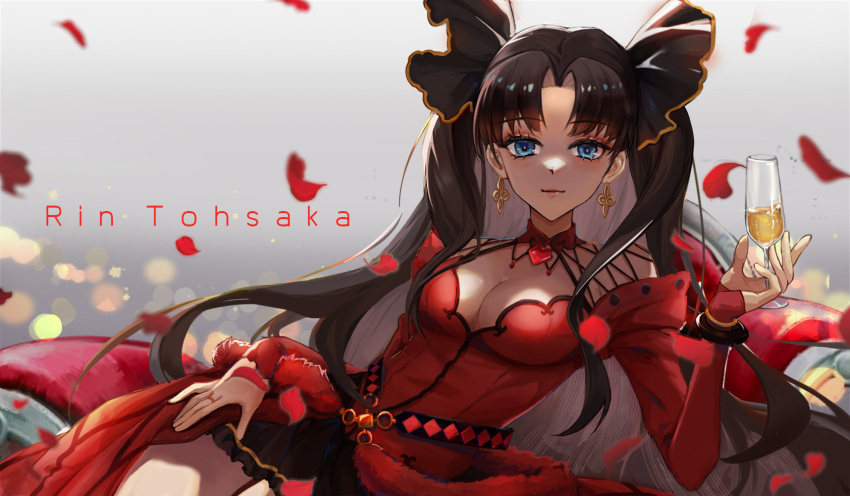 1girl aquarzaaa black_skirt blue_eyes breasts brown_hair character_name cleavage closed_mouth earrings eyebrows_visible_through_hair fate/grand_order fate_(series) floating_hair grey_background hair_intakes highres holding jewelry lens_flare long_hair long_sleeves looking_at_viewer medium_breasts miniskirt petals ring shiny shiny_hair skirt smile solo tohsaka_rin very_long_hair