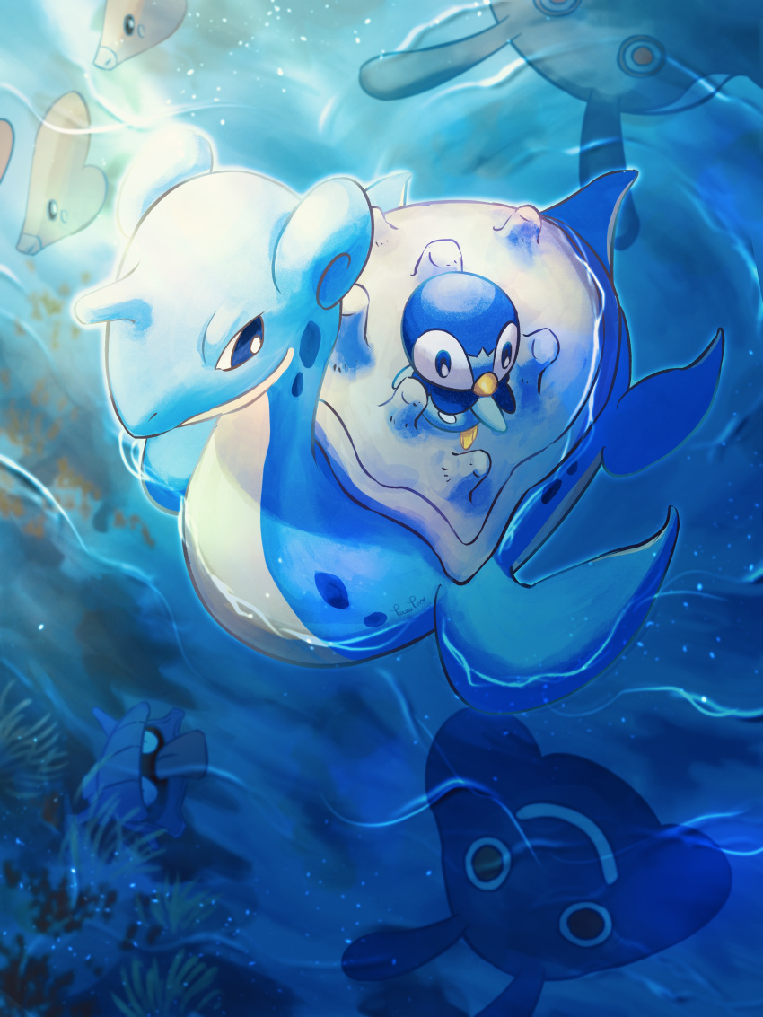 absurdres blue_eyes bright_pupils closed_mouth commentary_request from_above highres lapras luvdisc mantine mantyke no_humans piplup pokemon pokemon_(creature) ponkotsu_tanupon riding riding_pokemon shellder smile surf_(pokemon) water white_pupils