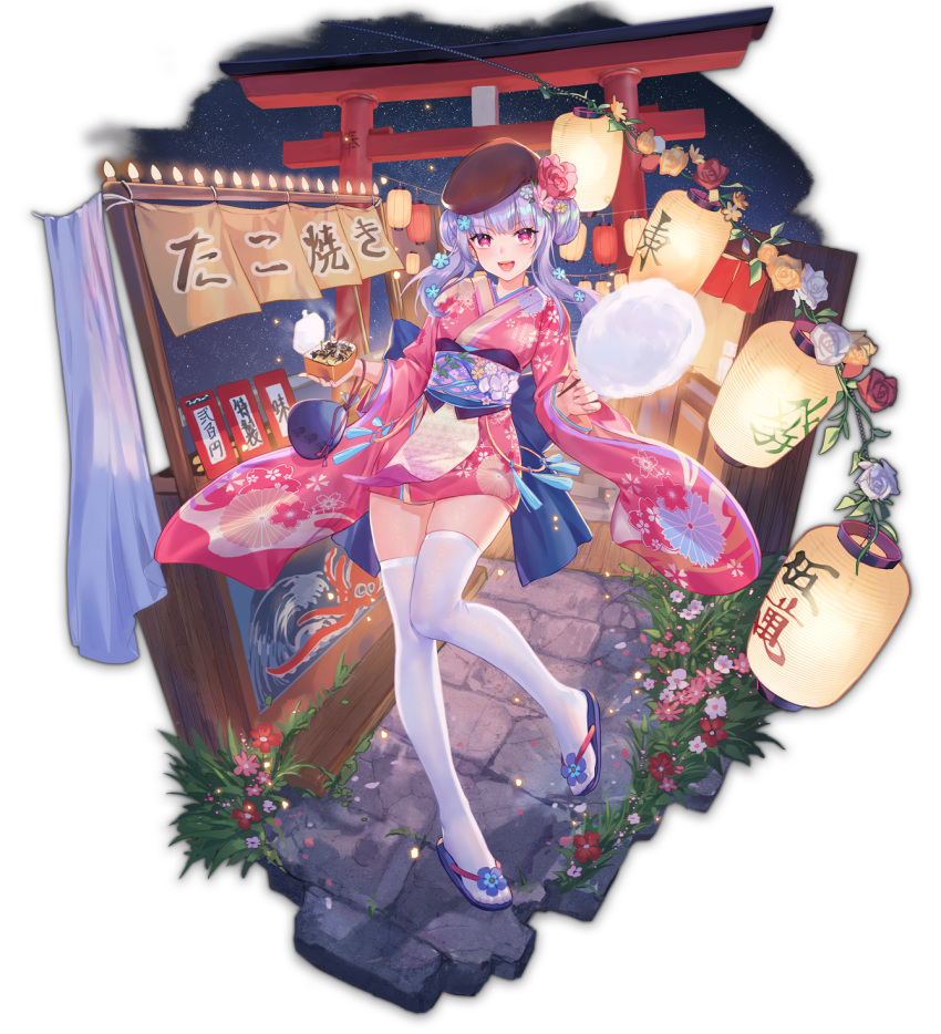 1girl artist_request beret blue_flower box brown_headwear cotton_candy eyebrows_visible_through_hair floral_print flower food game_cg grass hagoita hair_flower hair_ornament hat highres holding holding_box holding_food japanese_clothes kimono lantern looking_at_viewer mahjong_soul market_stall night night_sky obi official_art open_mouth orange_flower orange_rose paddle paper_lantern pink_eyes pink_flower pink_kimono pink_rose purple_hair red_flower red_rose rose sandals sash sky smile solo star_(sky) starry_sky steam takanashi_hinata takoyaki thighhighs third-party_source torii transparent_background white_flower white_rose yostar