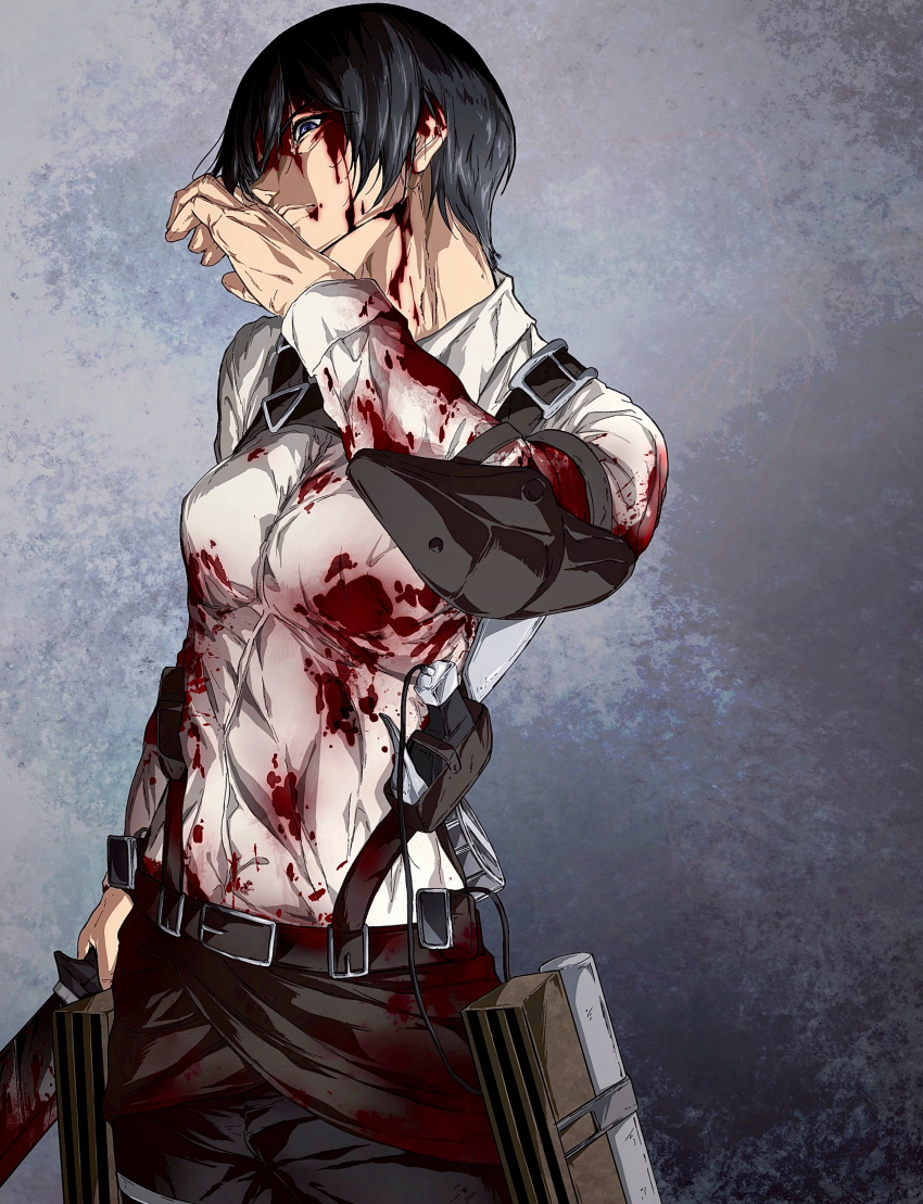 1girl absurdres belt black_hair blood blood_on_clothes blood_on_face breasts cowboy_shot daisx_(dais0115) head_tilt highres holding holding_sword holding_weapon looking_at_viewer medium_breasts mikasa_ackerman official_style scene_reference shingeki_no_kyojin short_hair solo sword three-dimensional_maneuver_gear weapon wiping wiping_face