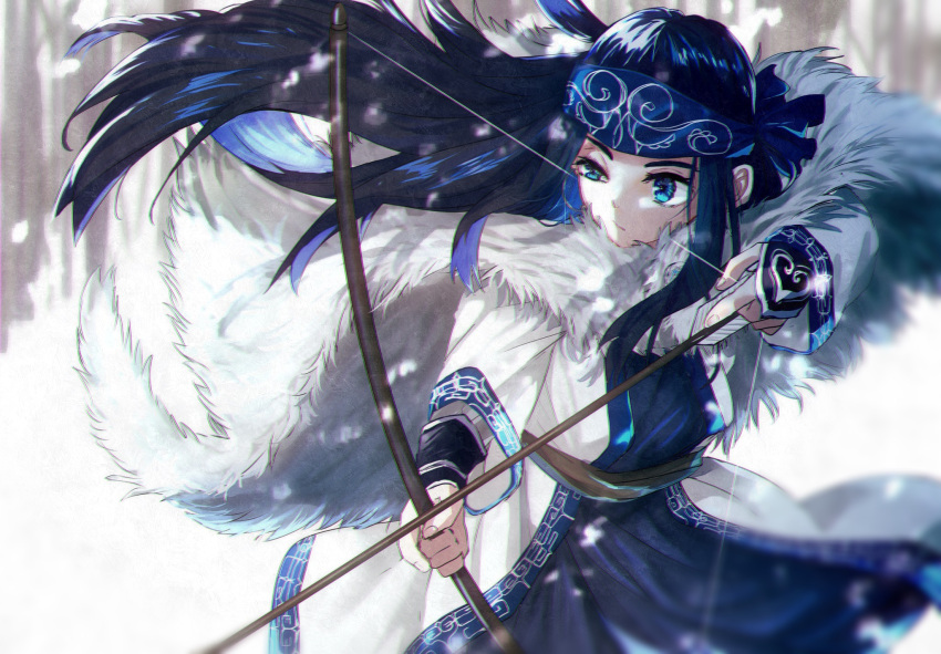 1girl ainu_clothes asirpa black_hair blue_eyes blue_hair blue_headband bow_(weapon) cape capelet closed_mouth colored_inner_hair floating_hair fur-trimmed_capelet fur_trim golden_kamuy half-closed_eyes headband highres holding holding_bow_(weapon) holding_weapon long_hair long_sleeves multicolored_hair outdoors snowing solo very_long_hair weapon white_cape y6m9e_kasabuta