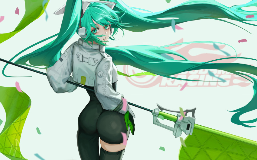 1girl aqua_hair aquarzaaa ass black_bodysuit black_gloves black_legwear bodysuit cowboy_shot flag floating_hair from_behind gloves green_eyes green_gloves hatsune_miku highres holding holding_flag long_hair looking_at_viewer looking_back racing_miku_(2022) shiny shiny_hair single_thighhigh solo standing thighhighs twintails two-tone_gloves very_long_hair vocaloid