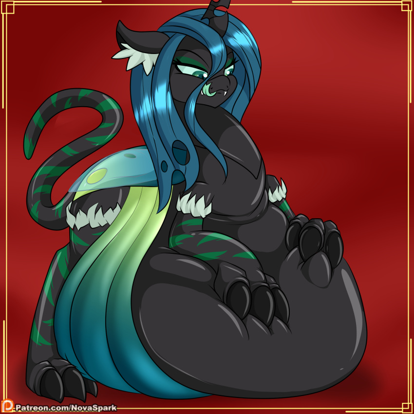 abdominal_bulge after_vore arthropod belly big_belly black_body blue_hair changeling chinese_zodiac claws eyeshadow fangs friendship_is_magic hair half-closed_eyes hasbro hi_res horn licking licking_lips looking_down makeup my_little_pony narrowed_eyes novaspark queen_chrysalis_(mlp) tongue tongue_out vore year_of_the_tiger