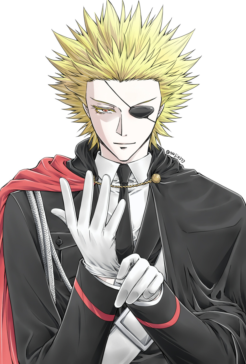 1boy adjusting_clothes adjusting_gloves black_cape black_necktie blonde_hair cape collared_shirt eyepatch gloves highres long_eyelashes looking_at_viewer male_focus naji_0337 necktie one_outs orange_eyes shirt simple_background solo spiked_hair tokuchi_toua twitter_username white_background white_gloves white_shirt