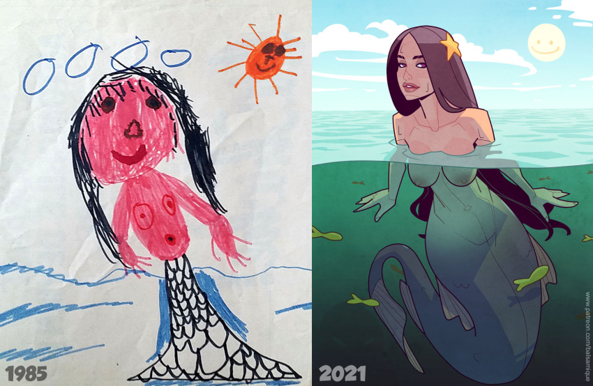 1girl artist_name artist_progress black_hair blush breasts brown_hair cloud cloudy_sky colored_skin commentary completely_nude dated david_goujard day english_commentary fish hair_ornament highres horizon lips long_hair looking_at_viewer makeup making-of_available marker_(medium) medium_breasts mermaid monster_girl moon navel nipples nude ocean open_mouth original outdoors partially_submerged partially_underwater_shot patreon_username pink_skin purple_eyes red_lips redrawn signature sky smile star_(symbol) star_hair_ornament starfish sun traditional_media very_long_hair water watermark web_address