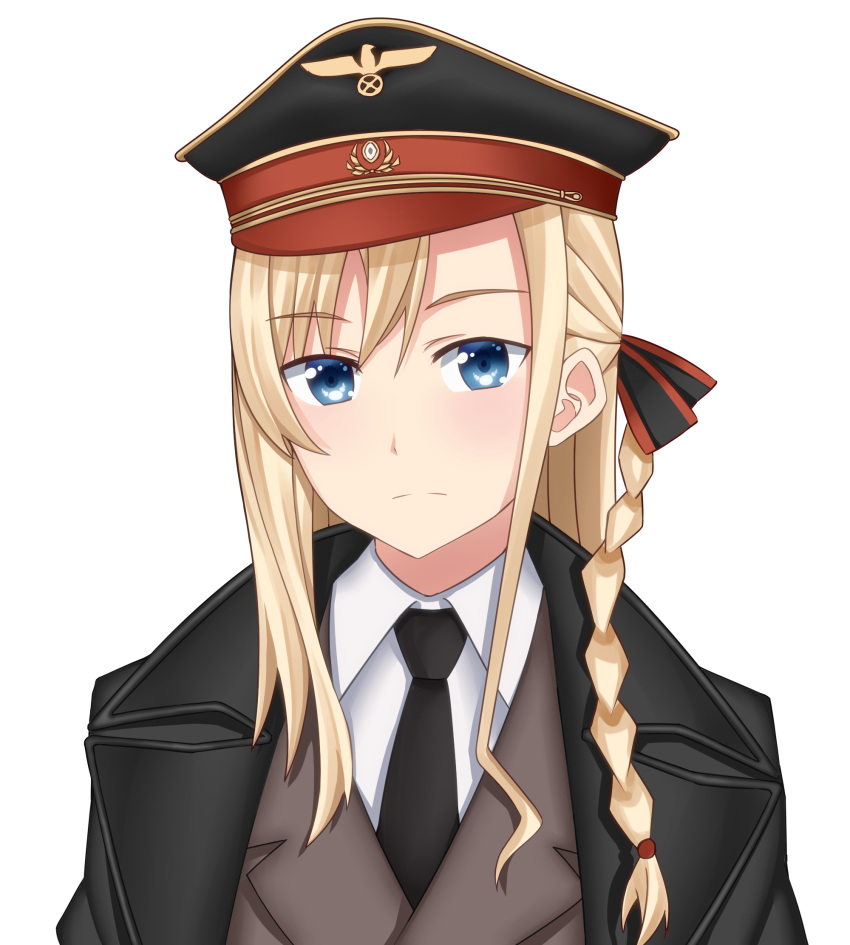 1girl adolf_hitler adolf_hitler_(cosplay) bangs black_coat black_headwear black_necktie blonde_hair blue_eyes braid closed_mouth coat commentary cosplay dress_shirt english_commentary eyebrows_visible_through_hair frown green_ribbon grey_jacket hair_ribbon hat high_school_fleet highres insignia jacket long_hair looking_at_viewer military military_hat military_uniform necktie peaked_cap portrait ribbon shirt simple_background single_braid solo starguard trench_coat uniform white_background white_shirt wilhelmina_braunschweig_ingenohl_friedeburg wing_collar