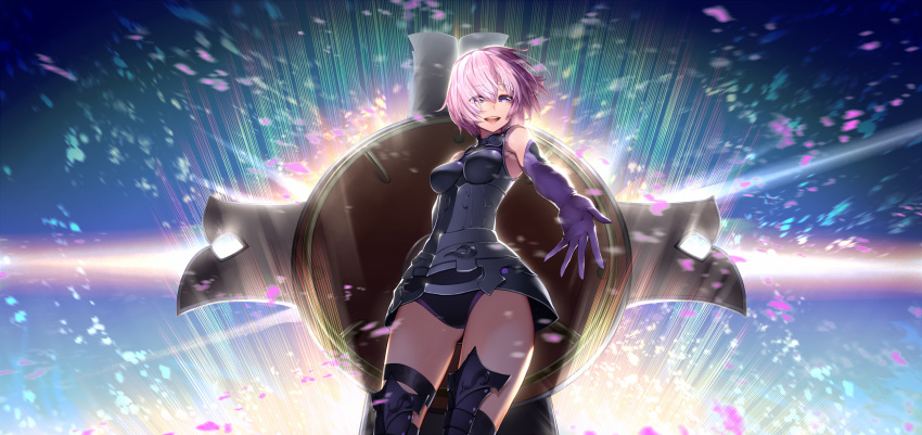 1girl armor armored_dress bangs elbow_gloves essual_(layer_world) fate/grand_order fate_(series) gloves hair_over_one_eye highres holding holding_shield holding_weapon looking_at_viewer mash_kyrielight open_mouth pixiv_fate/grand_order_contest_1 purple_eyes purple_hair reaching_out shield short_hair skirt smile solo weapon