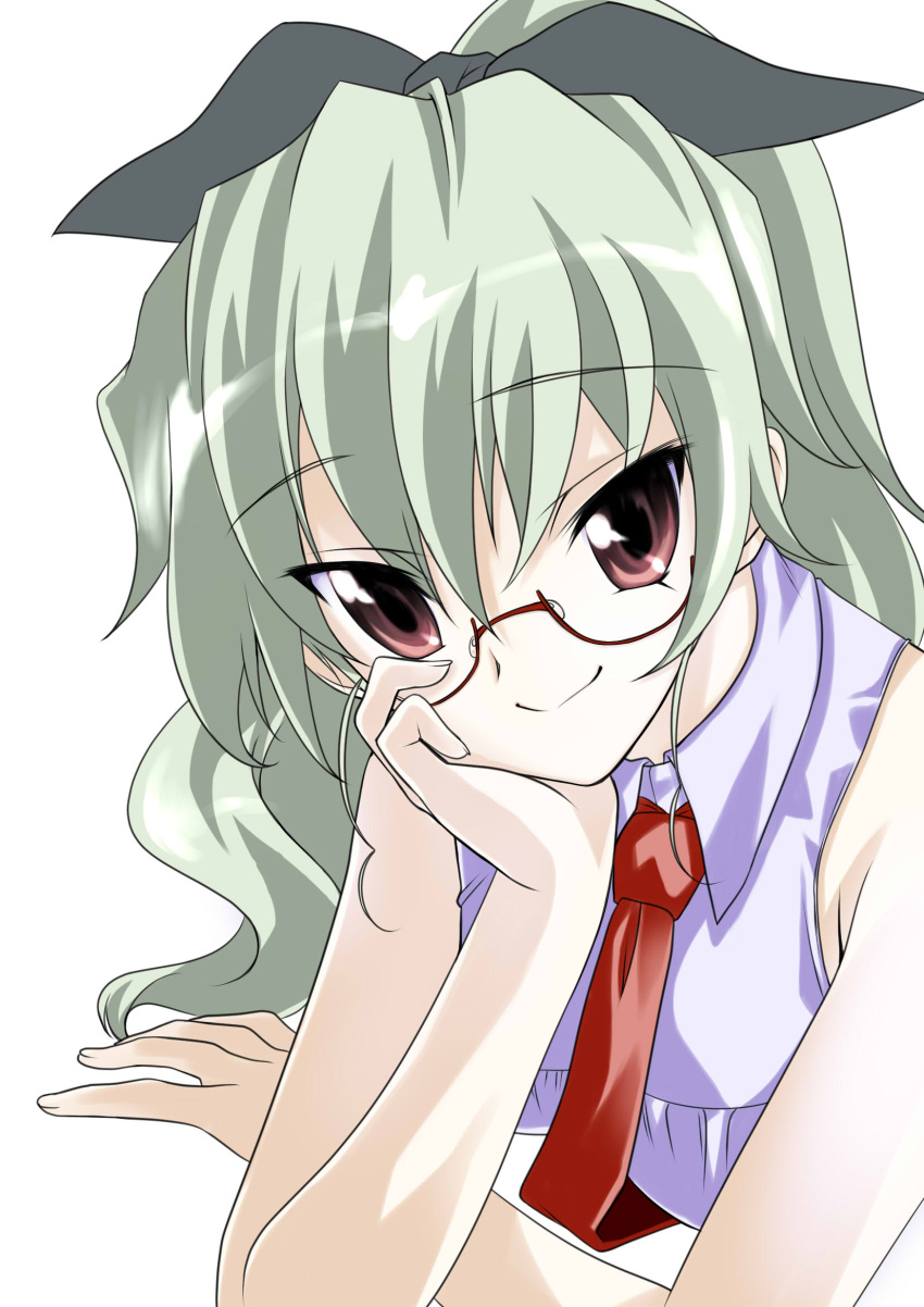 1girl alternate_hairstyle anchovy_(girls_und_panzer) bangs black-framed_eyewear black_ribbon brown_eyes closed_mouth commentary_request elbow_rest eyebrows_visible_through_hair girls_und_panzer glasses green_hair hair_ribbon head_rest highres leaning_forward long_hair looking_at_viewer necktie partial_commentary ponytail purple_shirt red_necktie ribbon semi-rimless_eyewear senomoto_hisashi shirt simple_background sleeveless sleeveless_shirt smile solo under-rim_eyewear white_background wing_collar