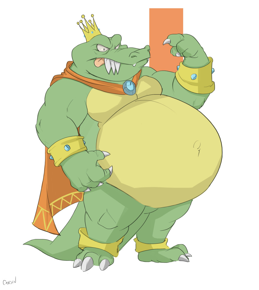 2022 absurd_res anthro belly big_belly canson cape claws clothing crocodilian crown donkey_kong_(series) fangs gesture green_body green_skin hi_res jewelry king_k._rool kremling looking_at_viewer male navel nintendo outie_navel overweight plantigrade pointing pointing_at_self reptile scalie sharp_teeth simple_background solo teeth tongue tongue_out video_games yellow_body yellow_skin