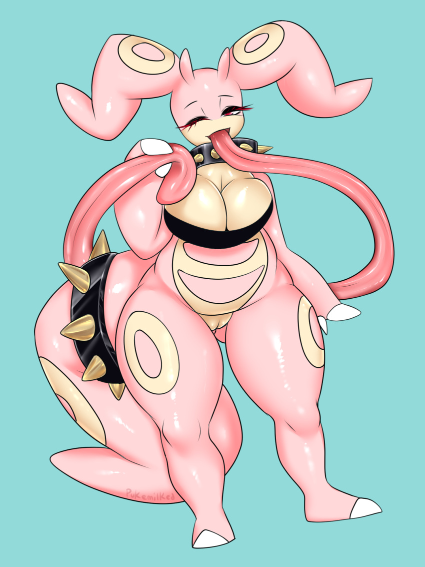 anthro breasts cleavage clothed clothing collar female genitals goodra hi_res hybrid lickitung long_tongue looking_at_viewer nintendo one_eye_closed partially_(disambiguation) pink_body pok&eacute;mon pok&eacute;mon_(species) pukemilked pussy red_eyes smile solo spiked_collar spikes tongue video_games wink