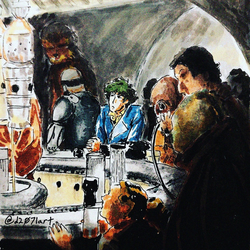 chewbacca cowboy_bebop crossover dannik_jerriko green_hair highres jet_black multiple_boys non-web_source parody ponda_baba spike_spiegel star_wars wookiee wuher_(star_wars)