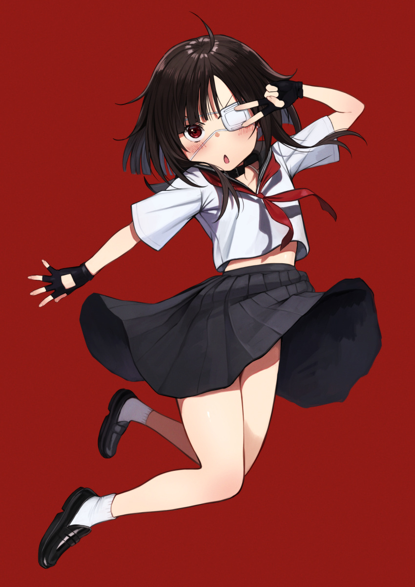 1girl :o bangs black_footwear black_hair blush commentary highres izawa_(bhive003) kono_subarashii_sekai_ni_shukufuku_wo! looking_at_viewer megumin open_mouth pleated_skirt red_eyes sailor_collar school_uniform serafuku shoes simple_background skirt solo white_eyepatch