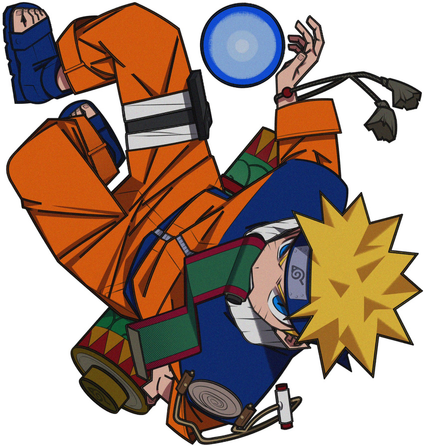 1boy bandaged_leg bandages blonde_hair blue_eyes blue_footwear blue_headband bracelet facial_mark film_grain fingernails grey_background headband highres jewelry male_focus naruto naruto_(series) pouch rasengan scroll simple_background solo teeth_hold toeless_footwear uzumaki_naruto whisker_markings yaya_hiyayaka zipper